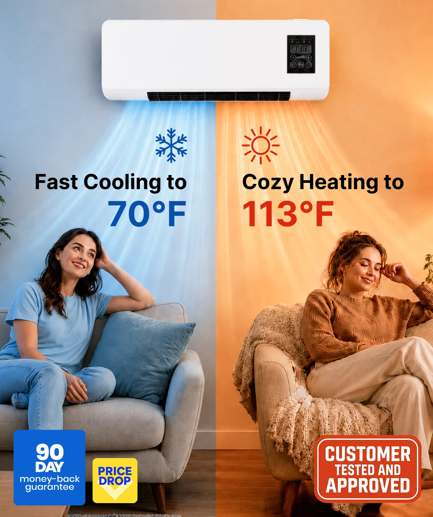 CoolCove AC unit mounted on a bedroom wall delivering cool air